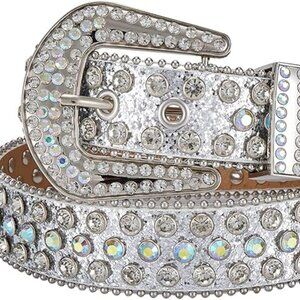 NEW-Studded Rhinestone Belt for Women, White Crystals/Silver Detail, Size 30-34